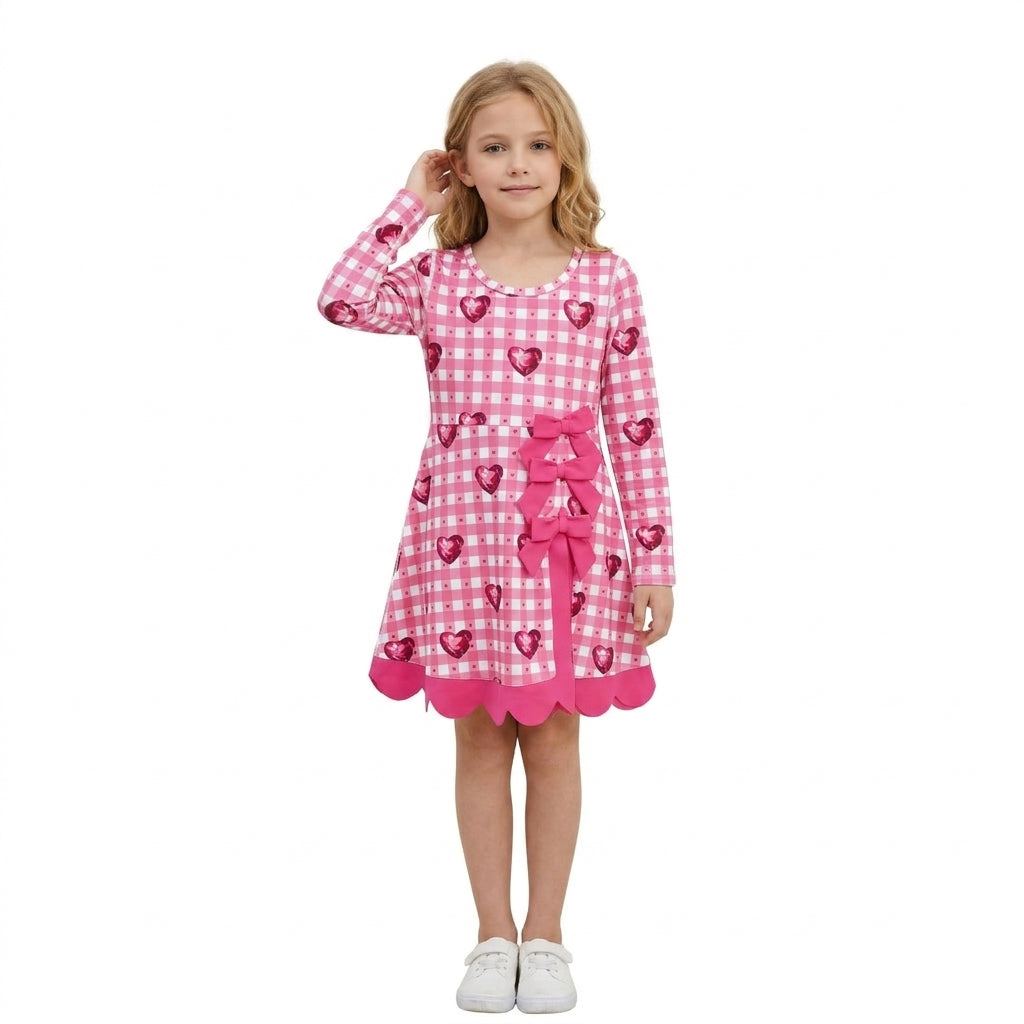 GLD1750 Hearts Checkered Print Girls Valentine's Day Long Sleeve Bows Active Dress