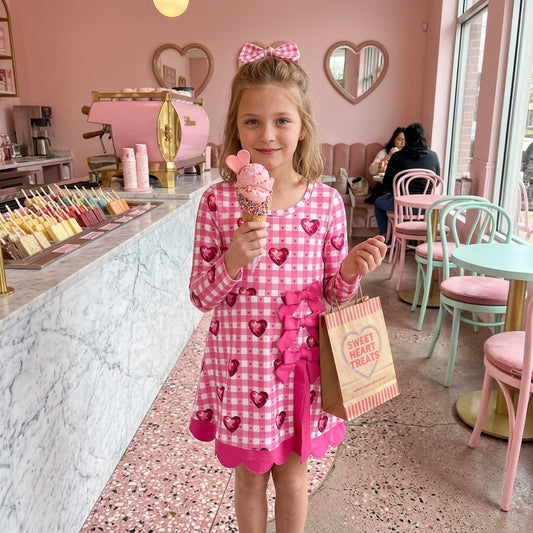 GLD1750 Hearts Checkered Print Girls Valentine's Day Long Sleeve Bows Active Dress