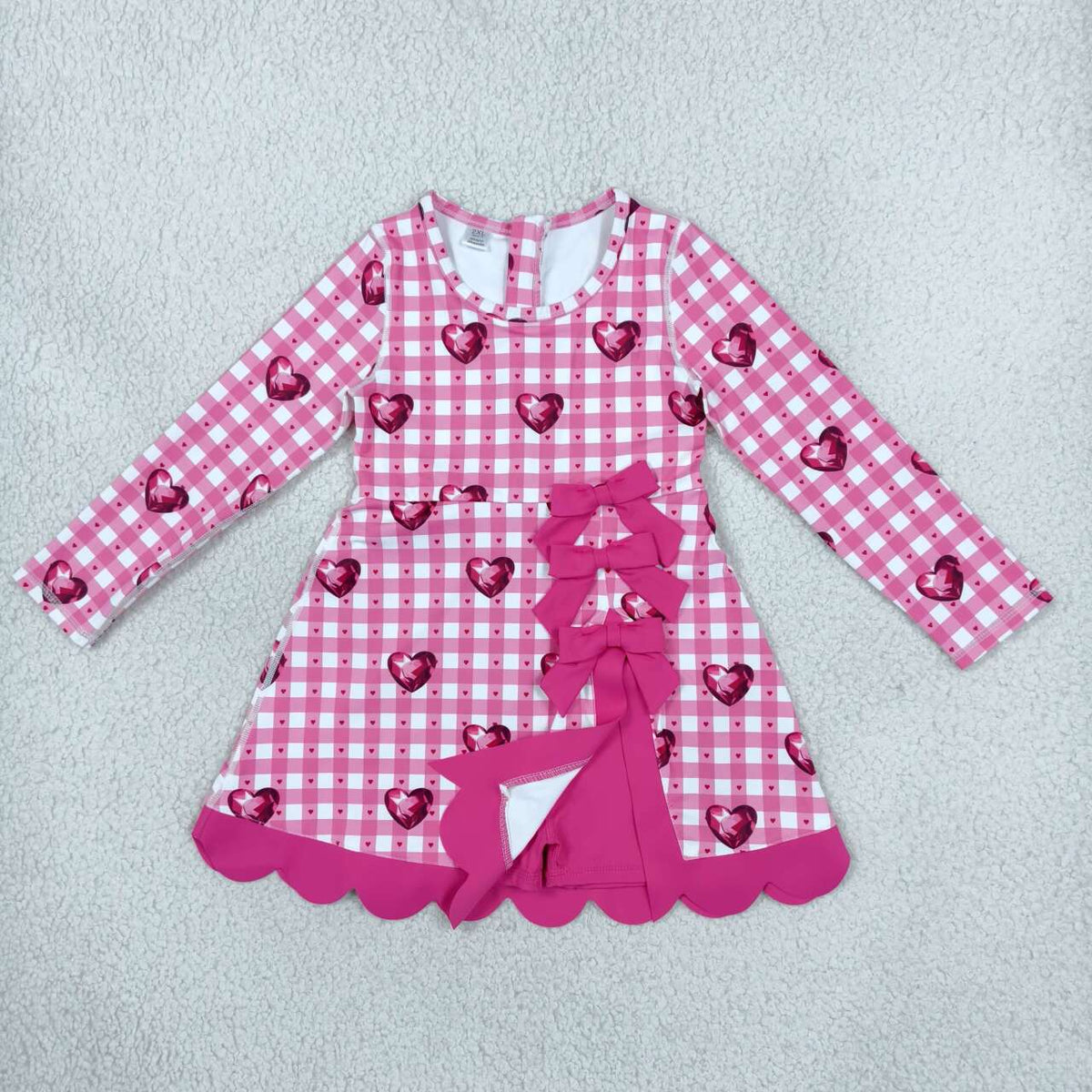 GLD1750 Hearts Checkered Print Girls Valentine's Day Long Sleeve Bows Active Dress