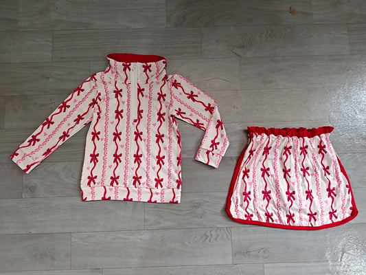 8.10 Preorder Kids Girls Red Bow Heart Long Sleeve Zip Pullover Top with Skort Outfit