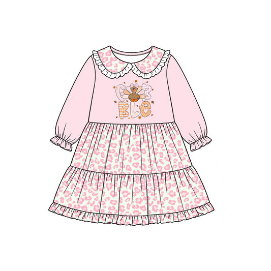 8.12 GLD1756 Preorder Gobble Turkey Pink Leopard Print Girls Thanksgiving Knee Length Dress
