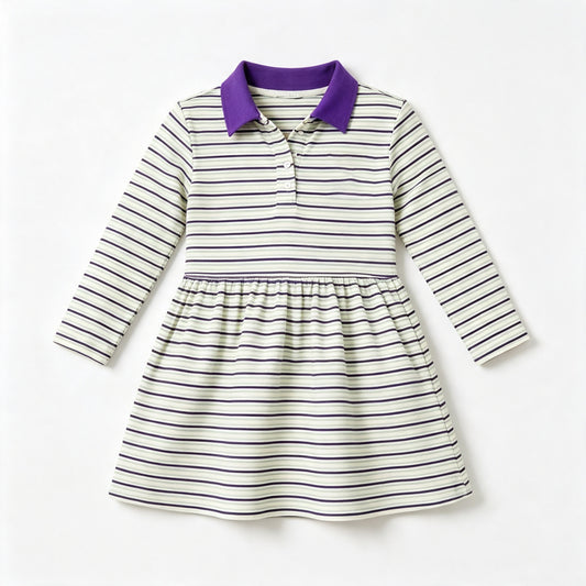 8.13 GLD1757 Preorder Purple Green Stripes Print Girls Mardi Gras Knee Length Dress
