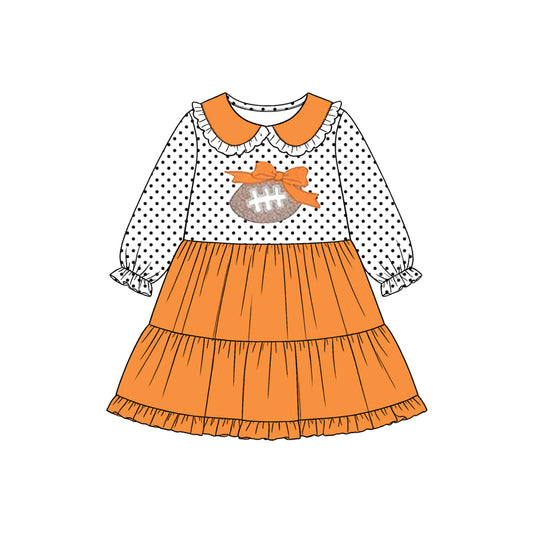 8.14 GLD1758 Preorder Football Bow Dots Print Girls Fall Knee Length Dress