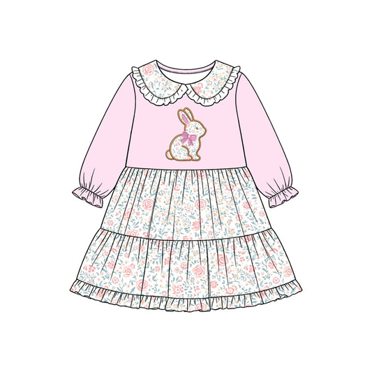 8.15 GLD1759 Preorder Bunny Flowers Pink Print Girls Easter Knee Length Dress