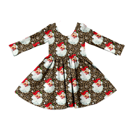 8.15 GLD1761 Preorder Santa Leopard Print Girls Christmas Knee Length Dress