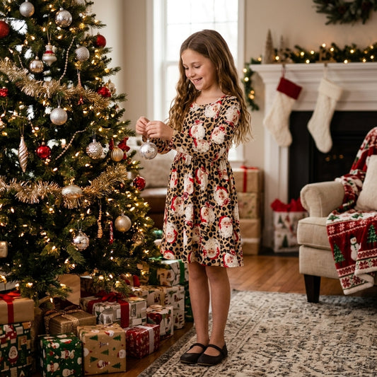 GLD1761 Santa Leopard Print Girls Christmas Knee Length Dress
