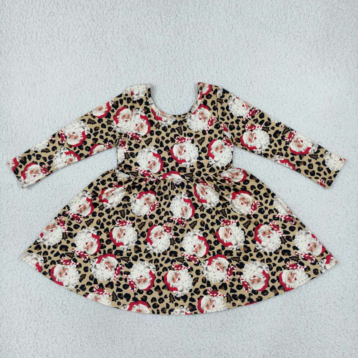 GLD1761 Santa Leopard Print Girls Christmas Knee Length Dress