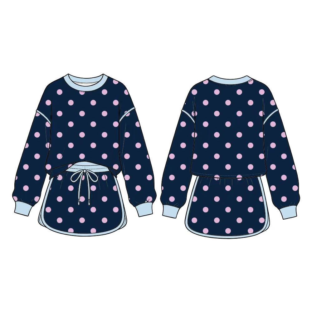 8.15 GLD1762 Preorder Kids Girls Navy Pink Polka Dot Long Sleeve Top with SKort Outfit