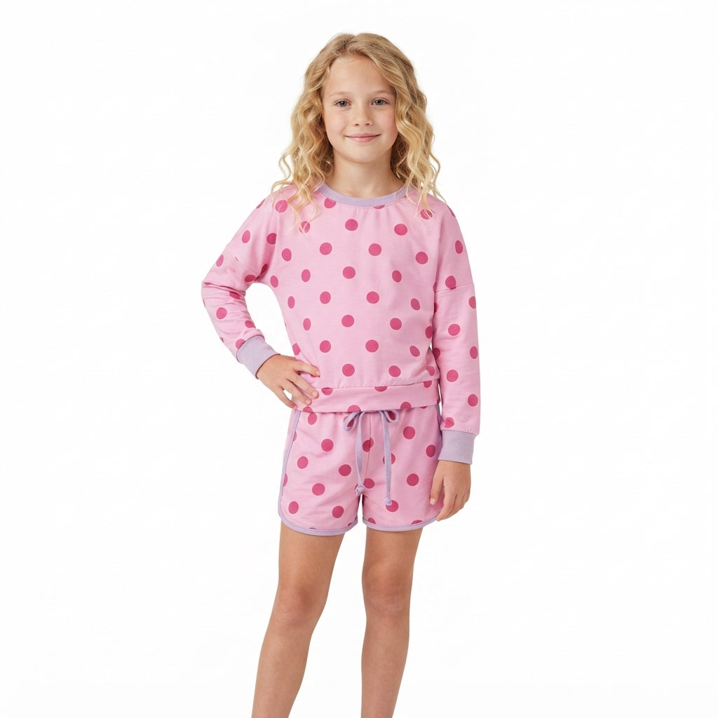 GLD1763 Pink Polka Dot Girls Long Sleeve Top Skort Outfits