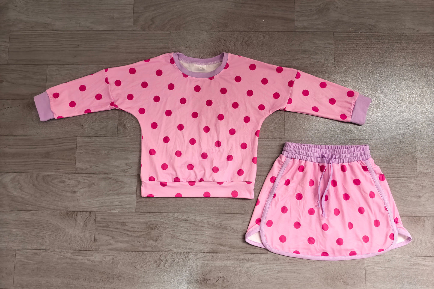 8.15 GLD1763 Preorder Kids Pink Polka Dot Sweatshirt Skirt Set Long Sleeve Cute Little Girls Casual Outfit
