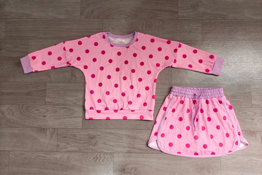 8.15 GLD1763 Preorder Kids Pink Polka Dot Sweatshirt Skirt Set Long Sleeve Cute Little Girls Casual Outfit