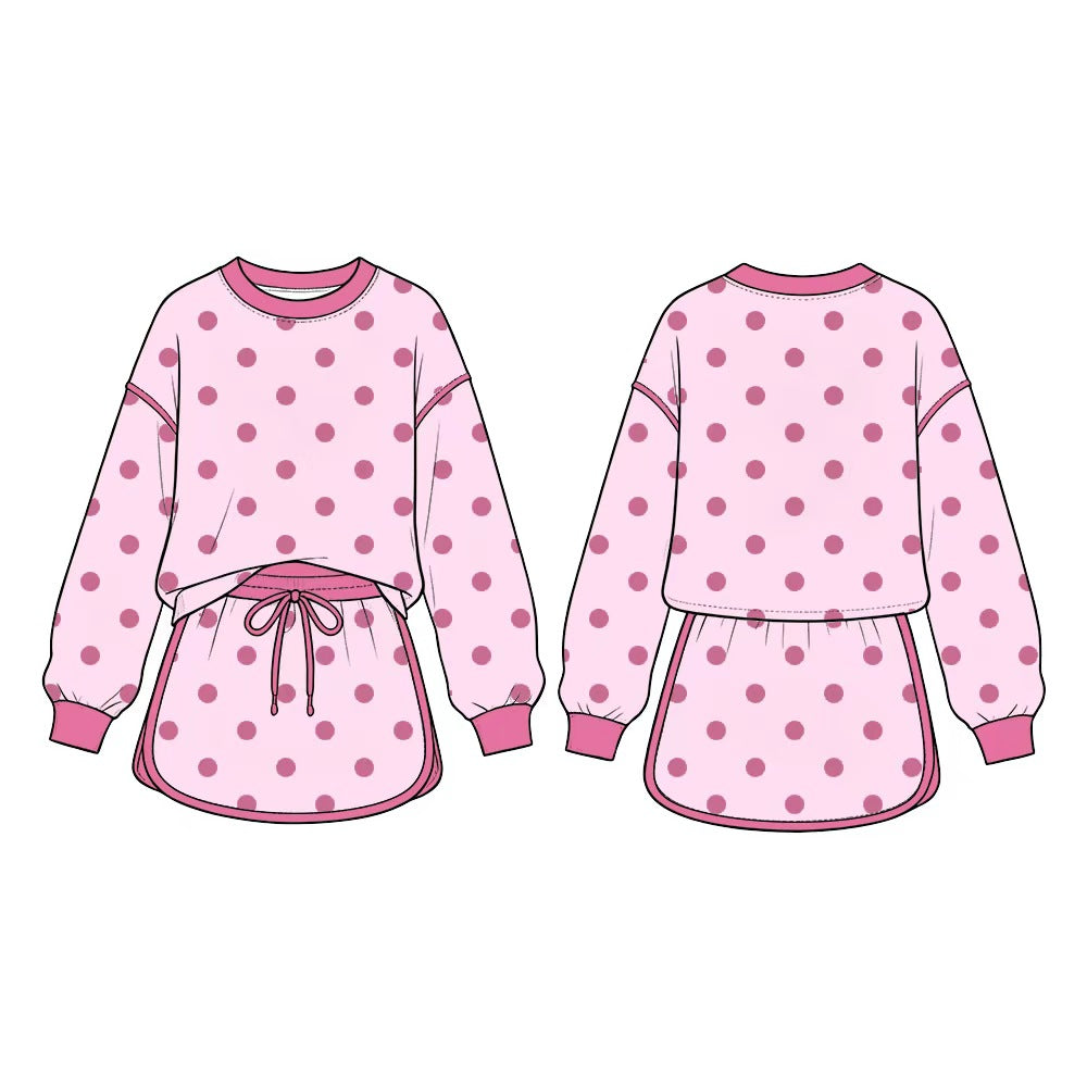 8.15 GLD1765 Preorder Kids Light Pink Polka Dot Sweatshirt Skirt Set Long Sleeve Top with Skirt Outfit