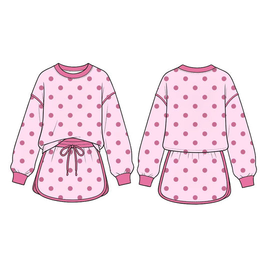 8.15 GLD1765 Preorder Kids Light Pink Polka Dot Sweatshirt Skirt Set Long Sleeve Top with Skirt Outfit