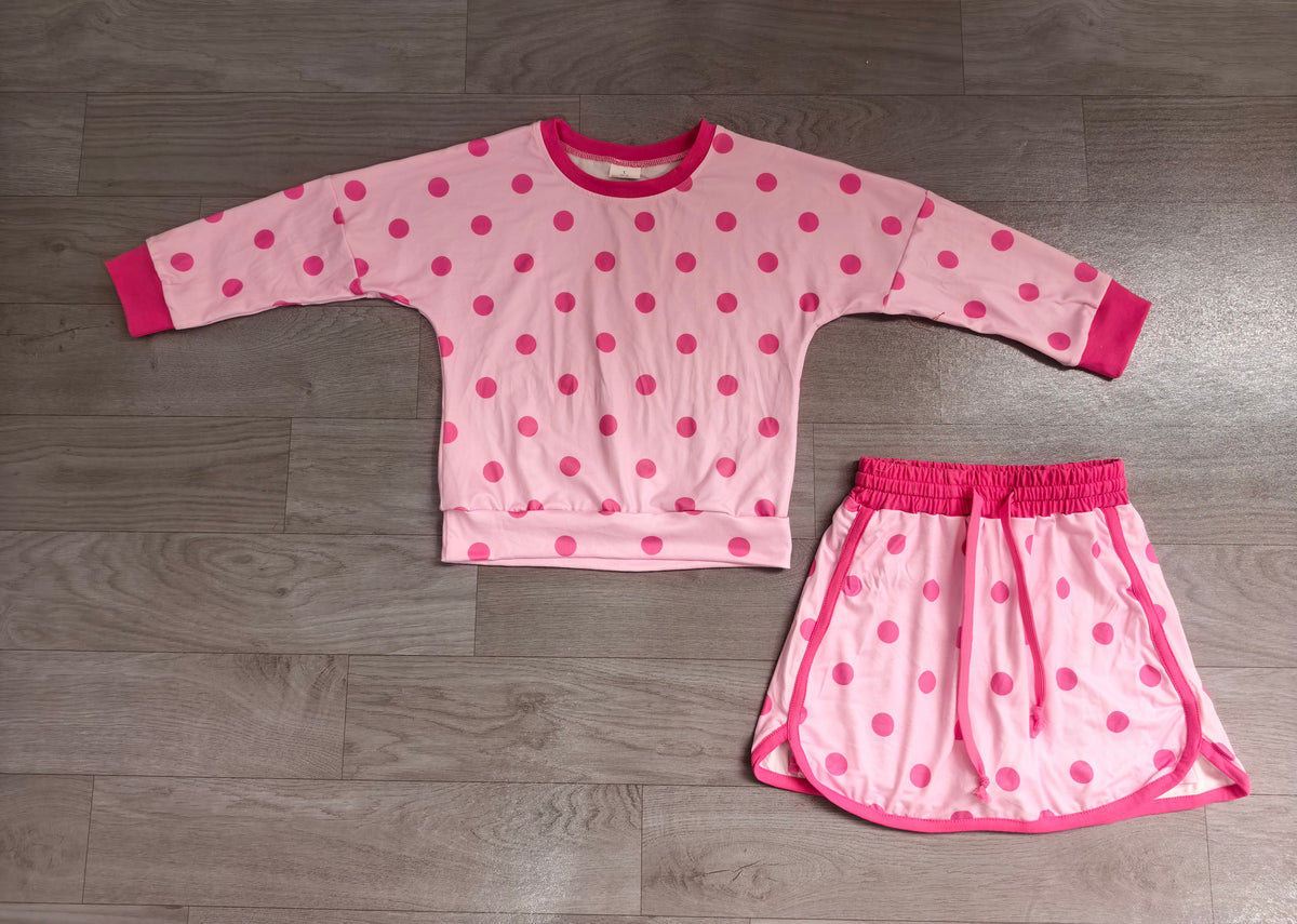 8.15 GLD1765 Preorder Kids Light Pink Polka Dot Sweatshirt Skirt Set Long Sleeve Top with Skirt Outfit