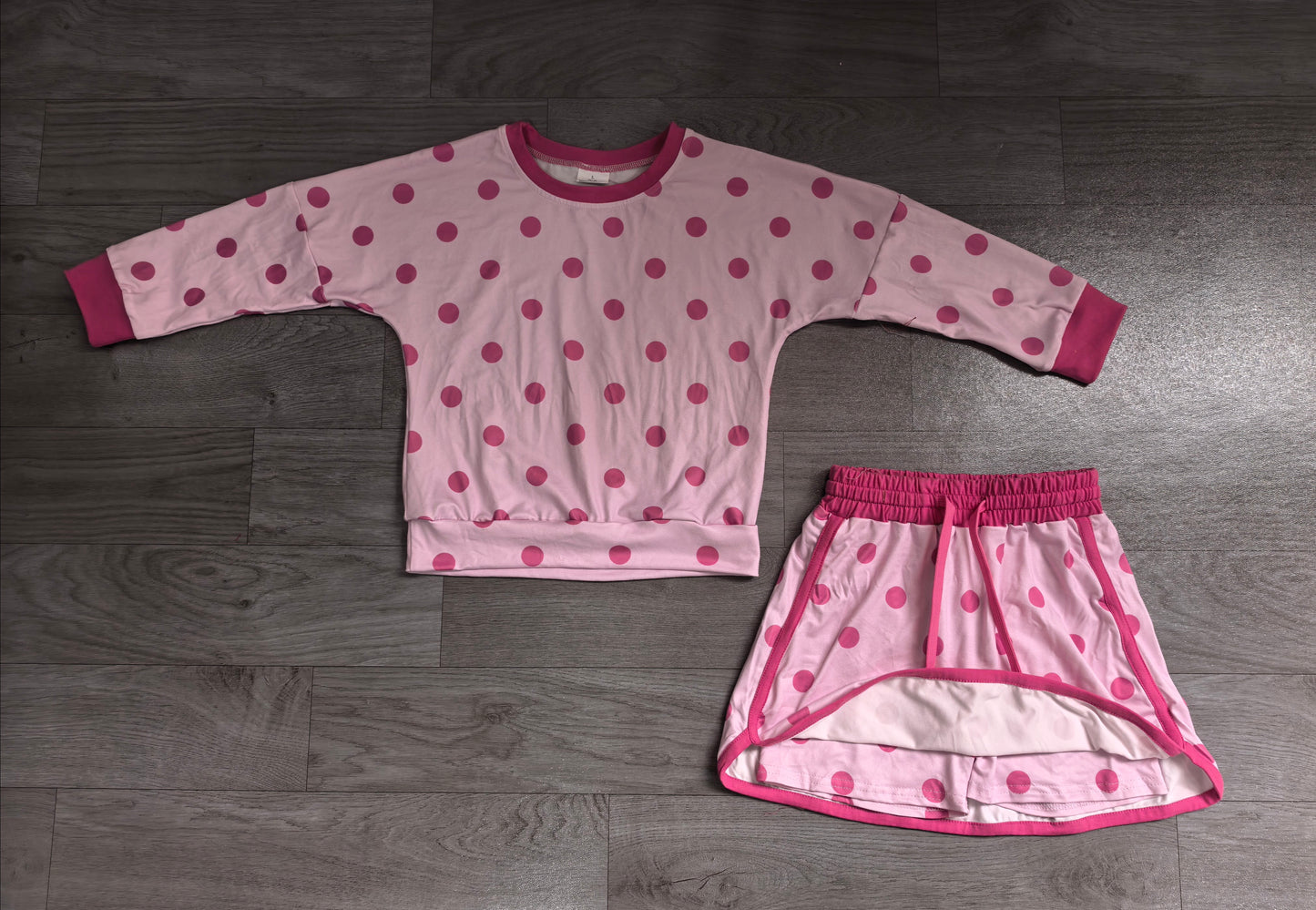8.15 GLD1765 Preorder Kids Light Pink Polka Dot Sweatshirt Skirt Set Long Sleeve Top with Skirt Outfit