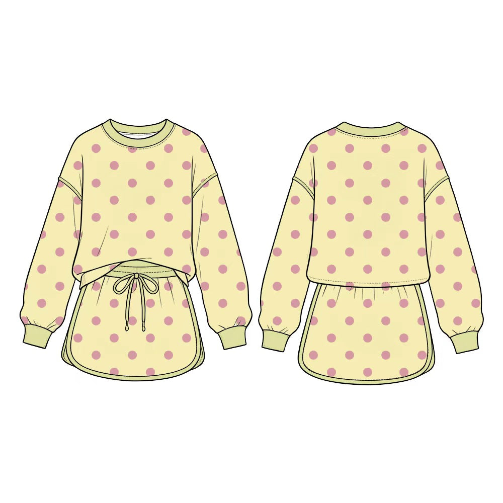 8.15 GLD1766 Preorder Kids Yellow Polka Dot Sweatshirt Skirt Set Long Sleeve Top with Skirt Outfit