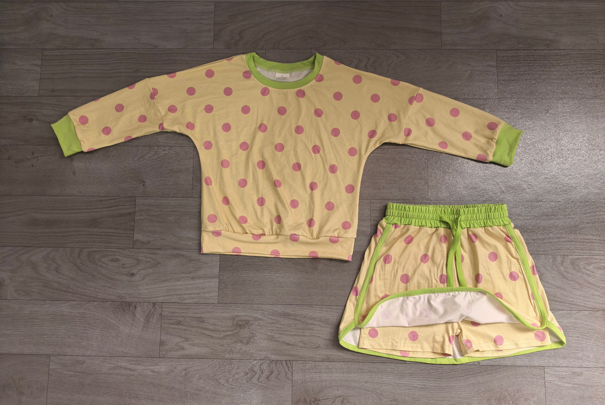 8.15 GLD1766 Preorder Kids Yellow Polka Dot Sweatshirt Skirt Set Long Sleeve Top with Skirt Outfit