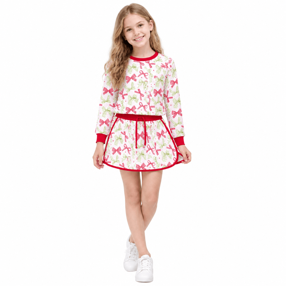 GLD1774 Red Green Bows Print Long Sleeve Top Skort Girls Christmas Clothes Set