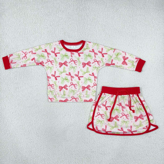 GLD1774 Red Green Bows Print Long Sleeve Top Skort Girls Christmas Clothes Set