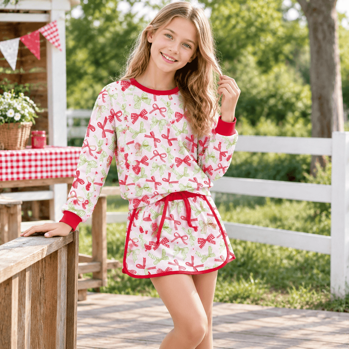 GLD1774 Red Green Bows Print Long Sleeve Top Skort Girls Christmas Clothes Set
