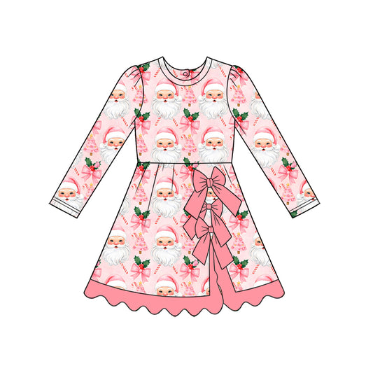 8.28 GLD1782 Preorder Santa Holly Candy Cane Bows Print Girls Christmas Yoga Dress