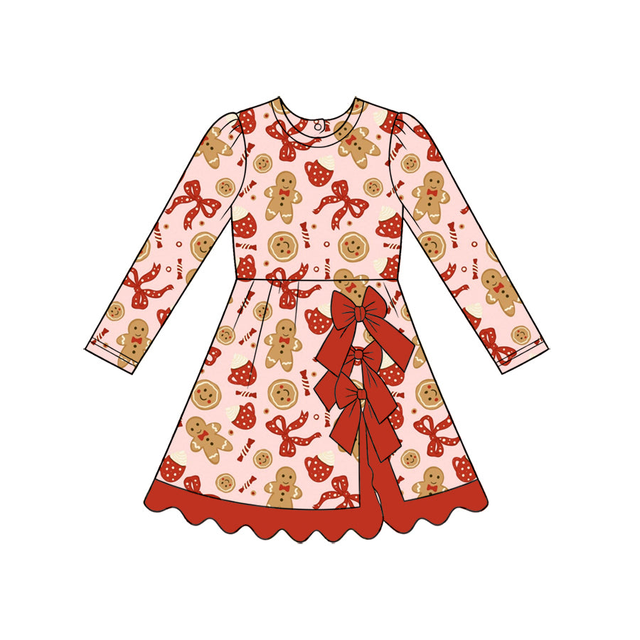 8.28 GLD1784 Preorder Gingerbread Bows Print Girls Christmas Yoga Dress