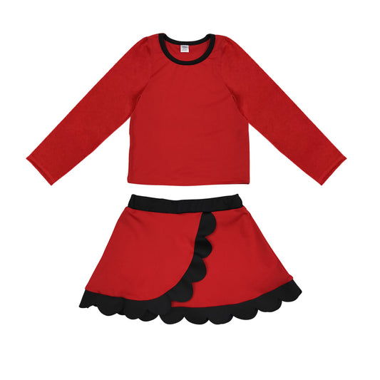 8.29  GLD1786  Preorder  Baby Girls Red Long Sleeve Top Black Scalloped Skort Active