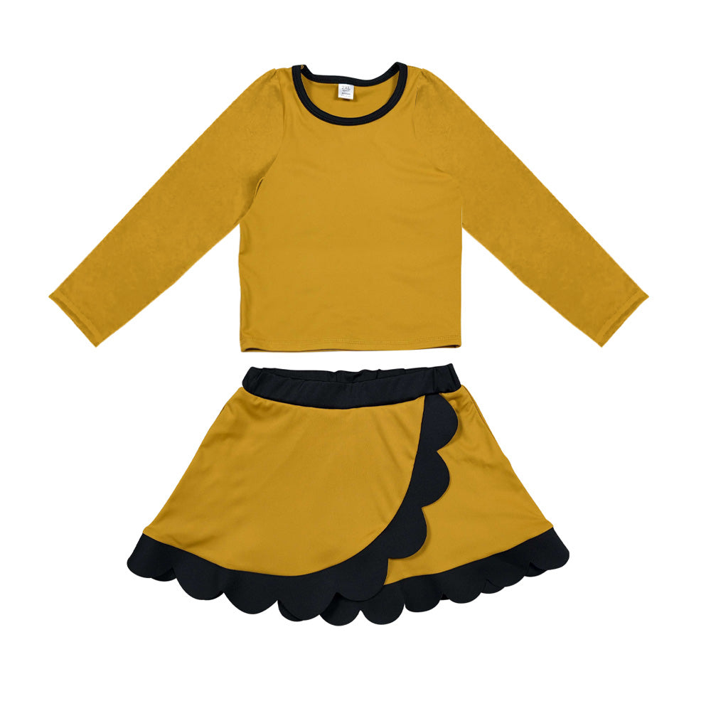 8.29  GLD1786  Preorder  Baby Girls Mustard Long Sleeve Top Black Scalloped Skort Active Set