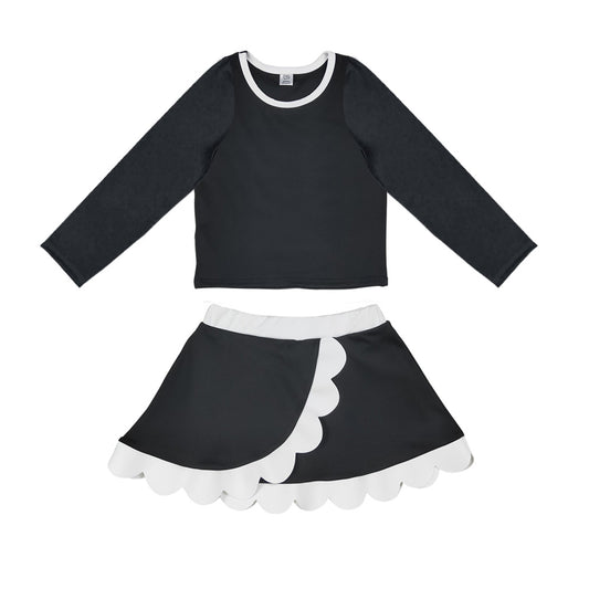 8.29  GLD1790 Preorder  Baby Girls Black Long Sleeve Top Scalloped Skort Active Set