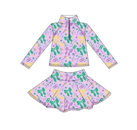 9.2 GLD1792 Preorder Mask Bows Zipper Pullover Top Skort Girls Mardi Gras Yoga Clothes Set