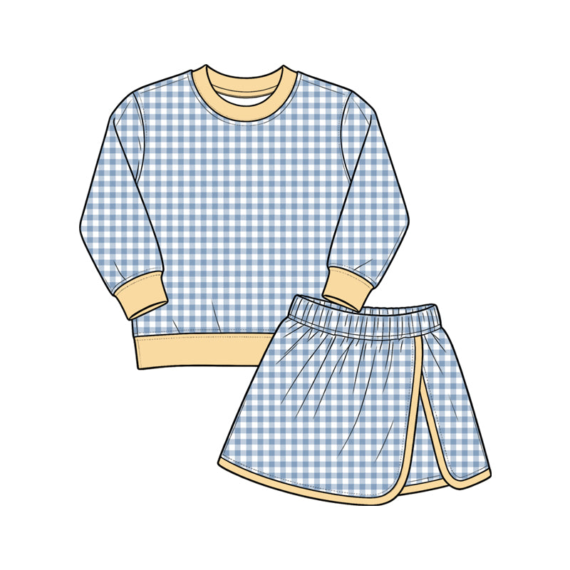 9.7 GLD1796 Preorder Blue Checkered Yellow Edge Top Skirts Girls Yoga Clothes Set