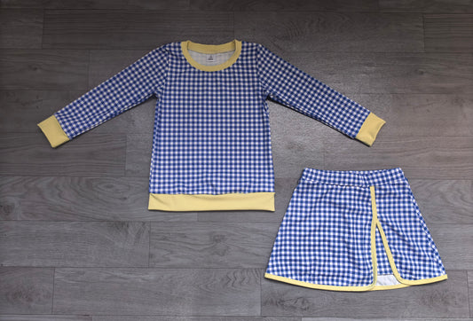 9.7 GLD1798 Preorder Blue Checkered Yellow Edge Top Skirts Girls Yoga Clothes Set
