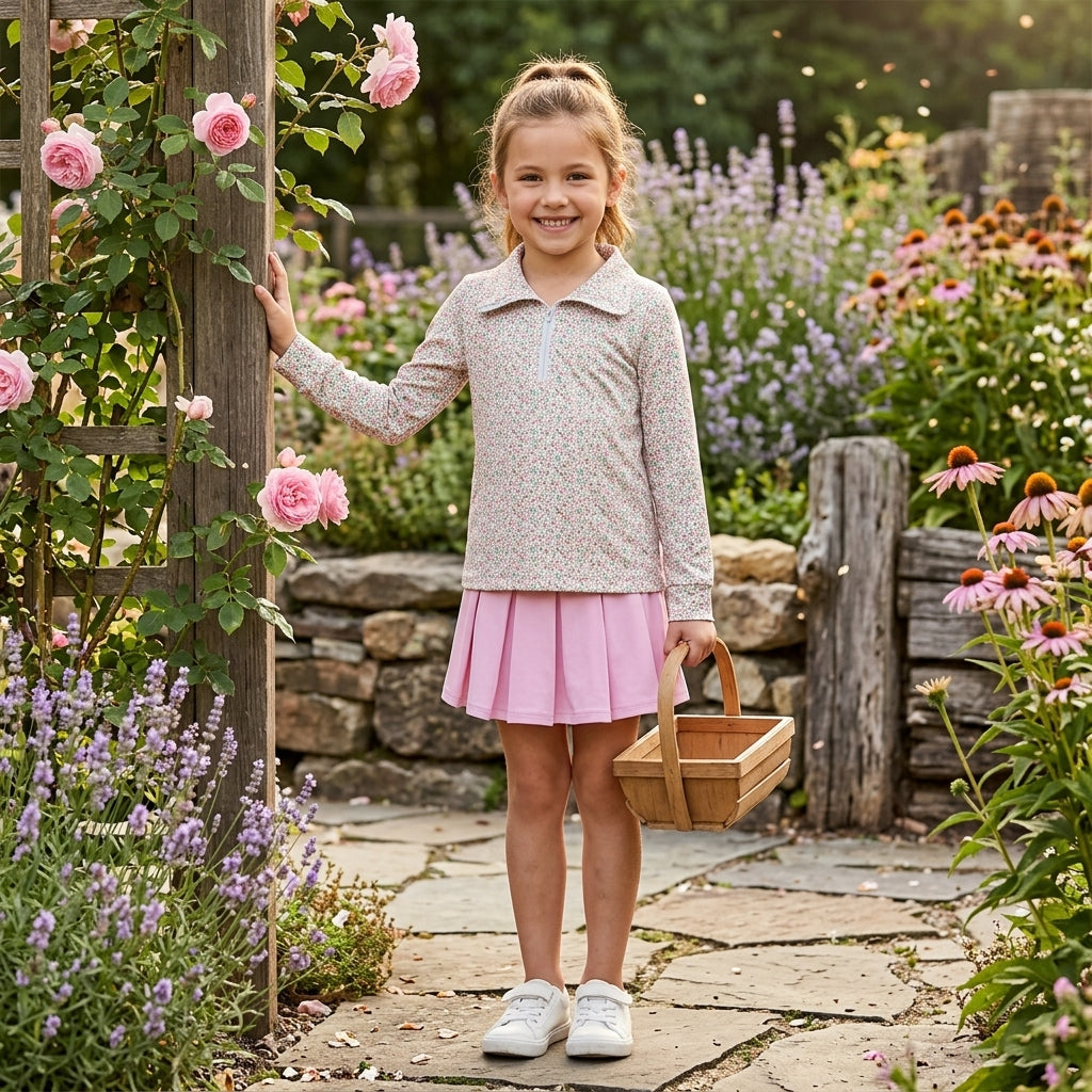 GLD1814 Baby Girls Floral Zipper Pullover Top Pink Pleated Skirt Active Outfit