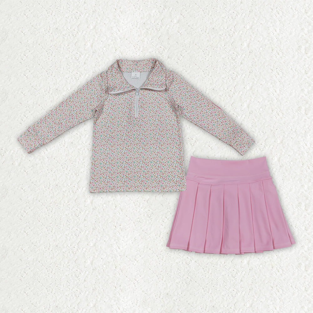 GLD1814 Baby Girls Floral Zipper Pullover Top Pink Pleated Skirt Active Outfit