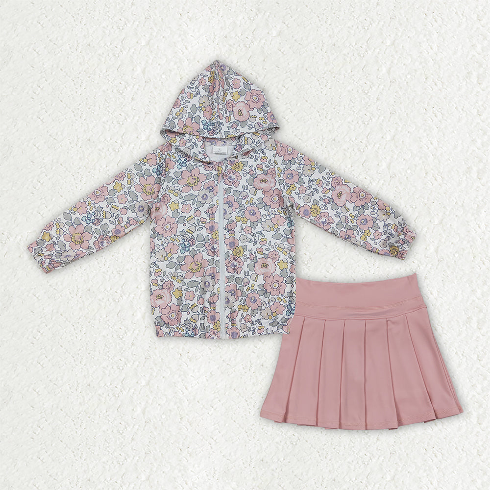 GLD1815  Baby Girls Floral Hoodie Jacket Top Pink Pleated Skirts Active Outfit