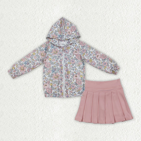 GLD1815  Baby Girls Floral Hoodie Jacket Top Pink Pleated Skirts Active Outfit