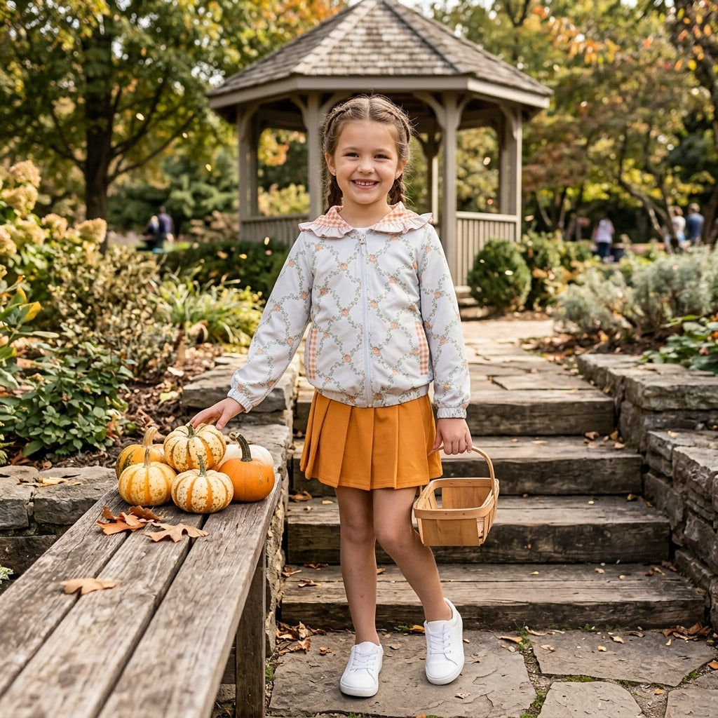 GLD1816 Pumpkin Hoodie Jacket Top Orange Pleated Skirts Girls Fall Active Clothes Set