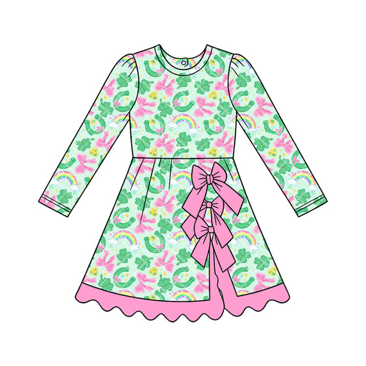 9.11 GLD1820 Preorder 4‑leaf Clovers Horseshoes Pink Bows Rainbows Print Girls St Patrick Day Scallop Yoga Dress