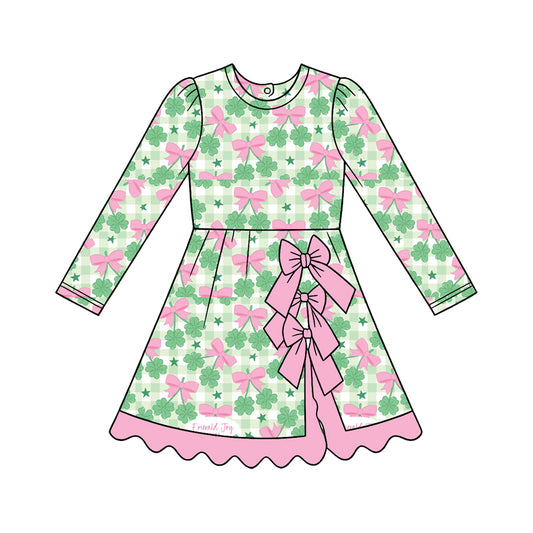 9.11 GLD1821 Preorder 4‑leaf Clovers Pink Bows Checkered Print Girls St Patrick Day Scallop Yoga Dress