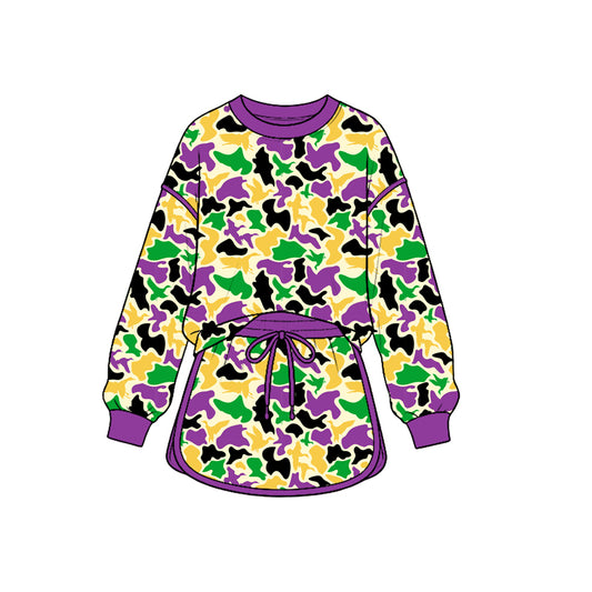 9.12 GLD1822 Preorder Kids Girls Mardi Gras Long Sleeve Top Skort Outfit