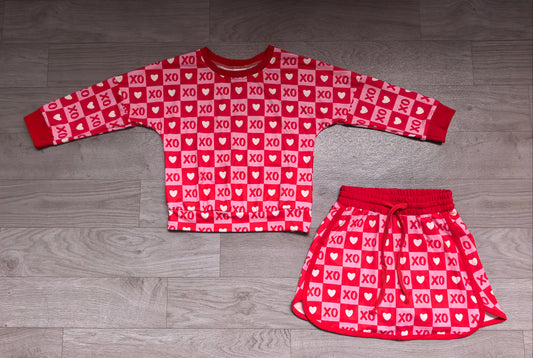 9.12 GLD1826 Preorder XO Heart Checkered Print Long Sleeve Top Skirts Girls Valentine's Day Clothes Set