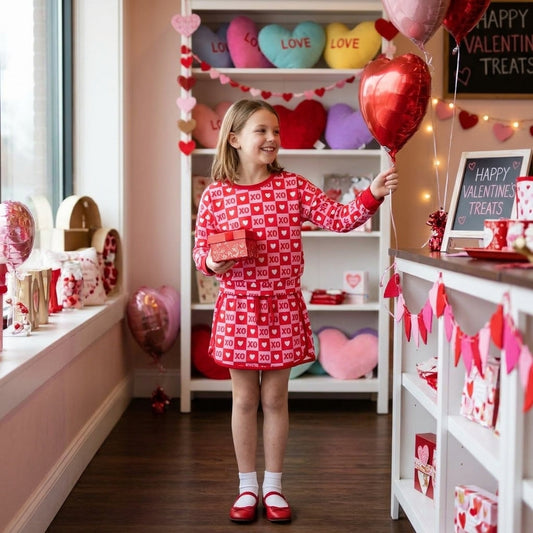 XO Heart Checkered Print Long Sleeve Top Skirts Girls Valentine's Day Clothes Set