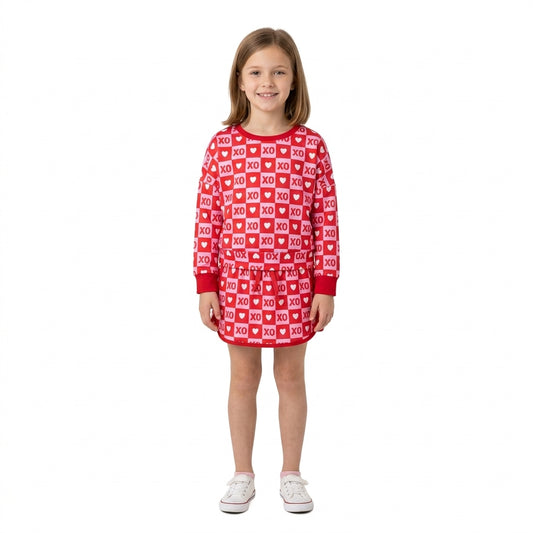 XO Heart Checkered Print Long Sleeve Top Skirts Girls Valentine's Day Clothes Set