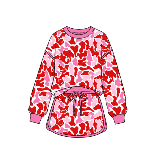 9.12 GLD1827 Preorder Red Pink Camo Print Long Sleeve Top Skirts Girls Valentine's Day Clothes Set