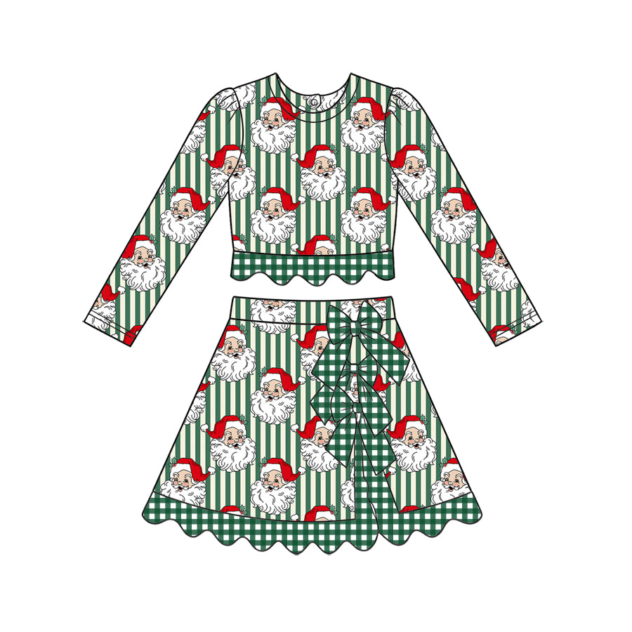 GLD1828 Preorder Kids Girls Christmas Santa Green Striped Long Sleeve Top Skort Active Outfit