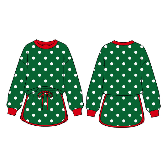10.5 GLD1833 Preorder Green Dots Print Long Sleeve Top Skirts Girls Christmas Clothes Set
