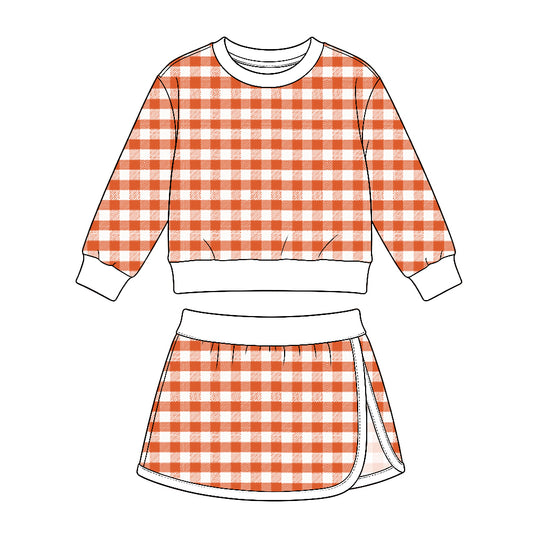 10.5 GLD1834 Preorder Orange Checkered Top Skirts Girls Yoga Clothes Set
