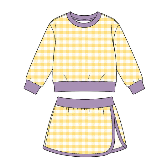 10.5 GLD1835 Preorder Yellow Checkered Print Purple Edge Top Skirts Girls Yoga Clothes Set