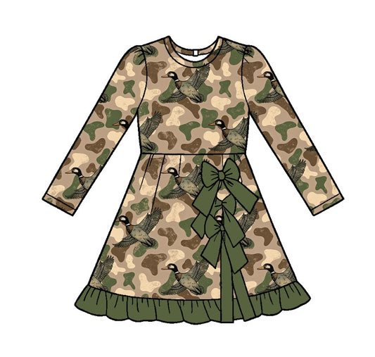 10.21 GLD1837 Preorder Kids Girls Camo Duck Long Sleeve Active Dress with Bow