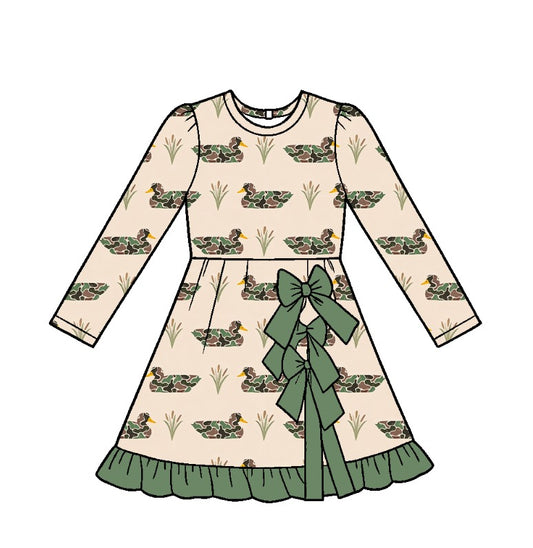10.21 GLD1838 Preorder Kids Girls Camo Mallard Duck Long Sleeve Active Dress with Bow